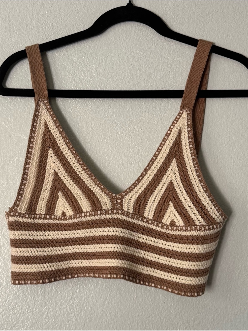 Hazel Moon Brown & Cream Striped V- Neck Crochet Crop Top  - Size Medium